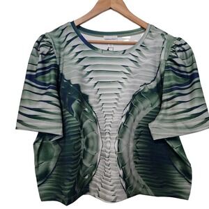 Making the Cut Puff Sleeve Blouse Womens Size 2X Green Skeleton Crop Top Stretch
